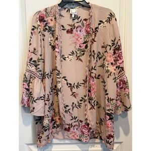 TRUSELF Floral Kimono Cardigan Boho Bell Sleeve Open Front Rose Color Women's XL